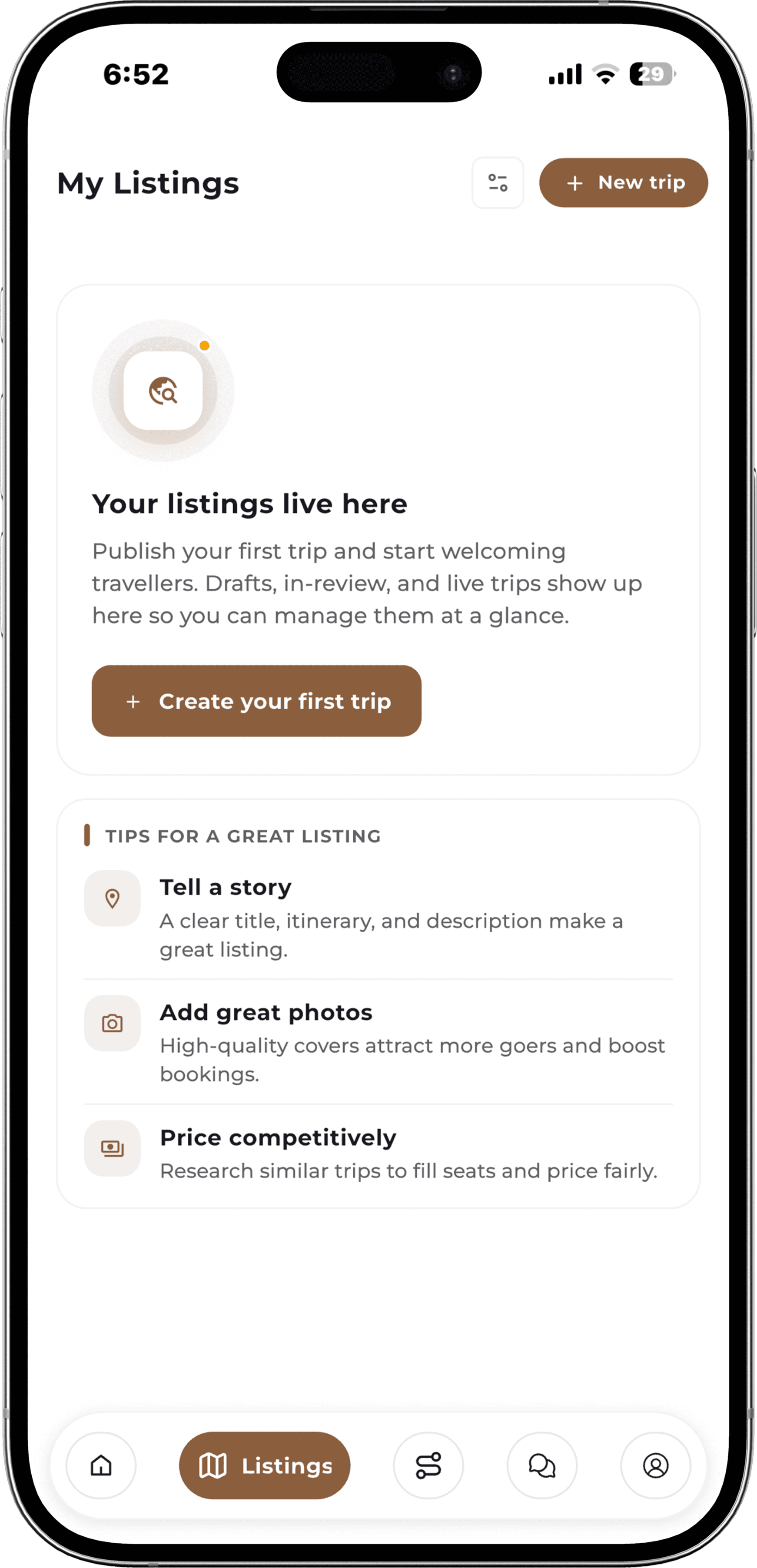The Roadpple planner app showing a planner's trip listings
